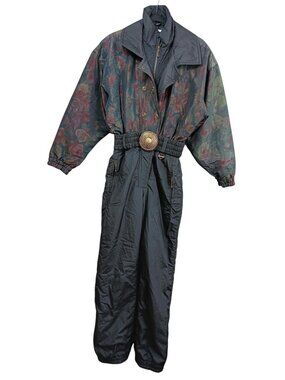 FERA Ski Jumpsuit Women's Black Floral Insulated Belted Snowsuit 90s Size 8